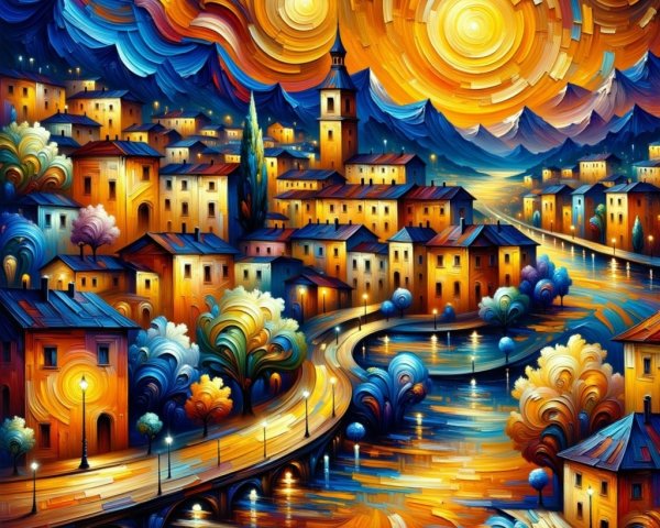 Vibrant Landscape of Town by Serene River at Sunset