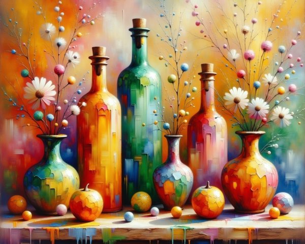Vibrant Still Life with Colorful Bottles and Fruits