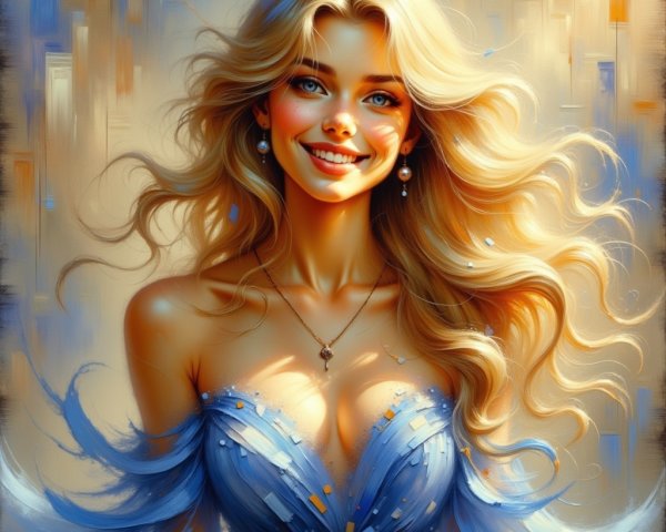 Radiant Young Woman in Blue Dress with Feathers
