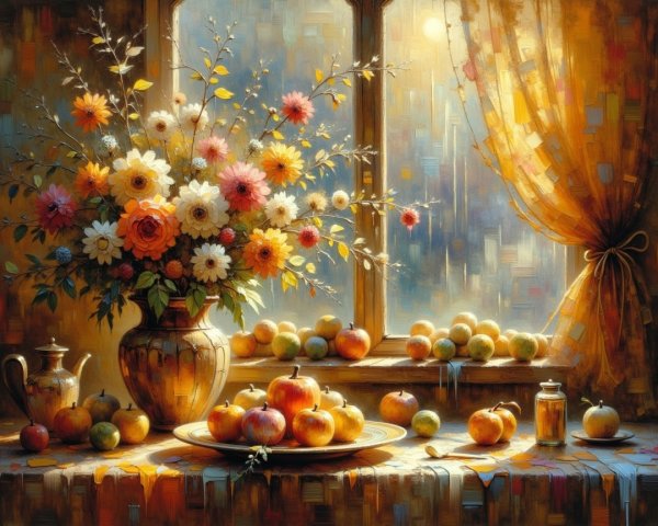 Vibrant Still Life with Flowers and Apples in Sunlight