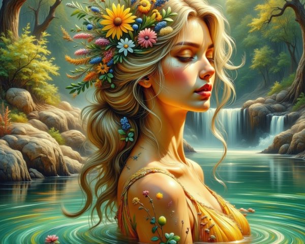 Serene Woman in Floral Dress Surrounded by Nature