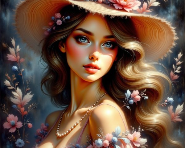 Young woman with floral adornments and elegant attire