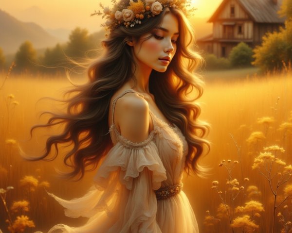 Serene Woman in Golden Field with Floral Crown