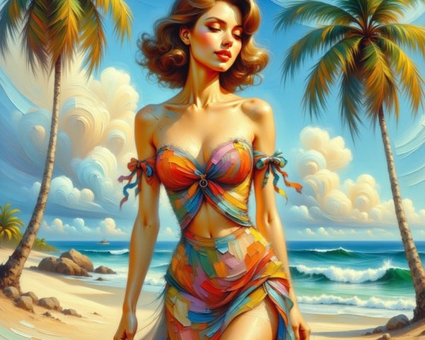 Vibrant Beach Scene with Stylish Woman and Palm Trees