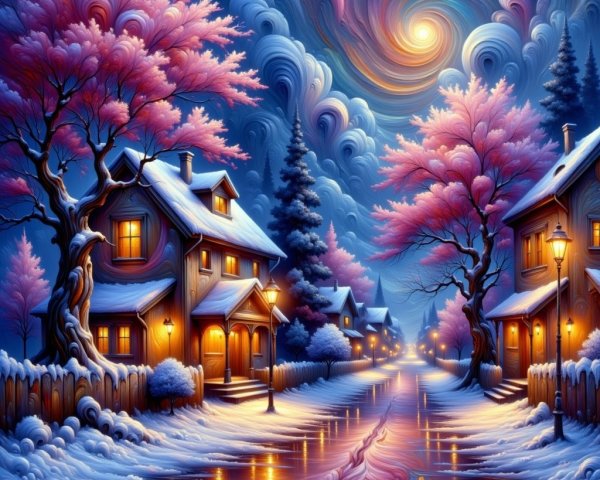 Winter Landscape with Cozy Houses and Cherry Blossoms