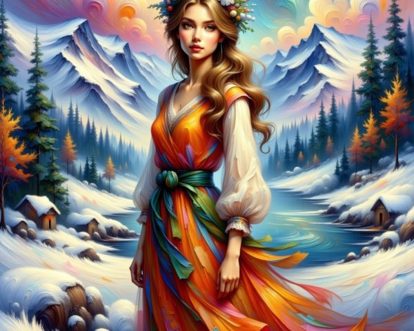Young woman in vibrant dress by snowy landscape