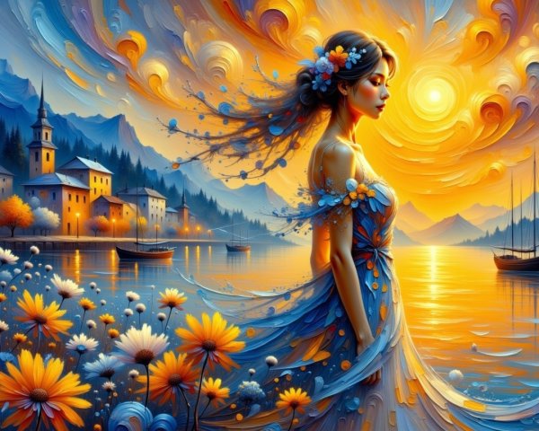 Serene Young Woman at Sunset by Tranquil Lake