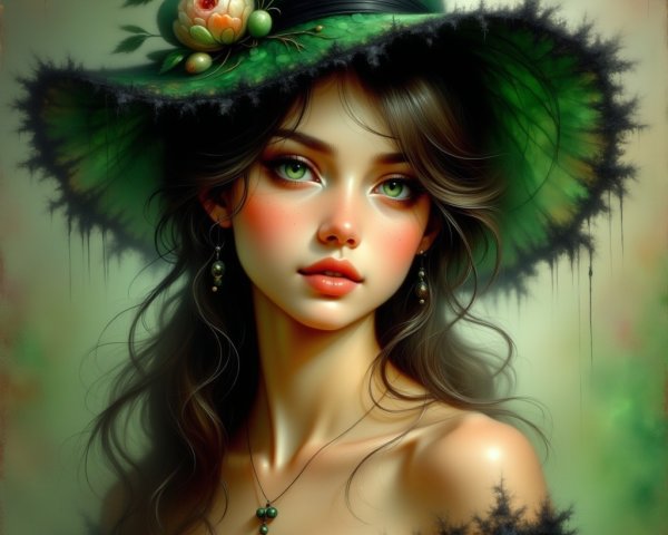 Young Woman in Green Hat with Floral Accents