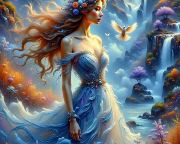 Ethereal Woman in Lush Landscape with Waterfalls