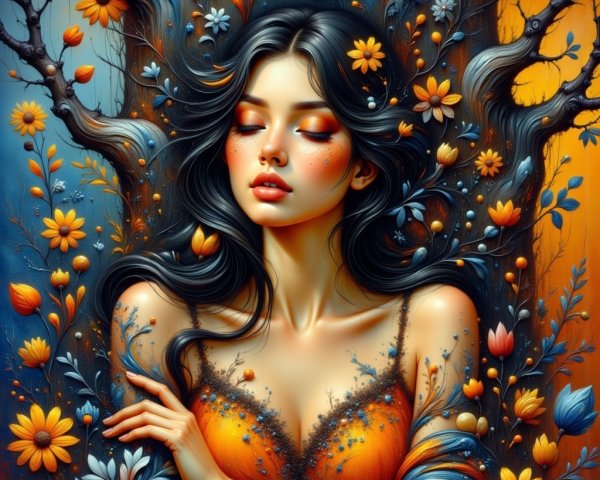 Portrait of a Young Woman with Floral Elements