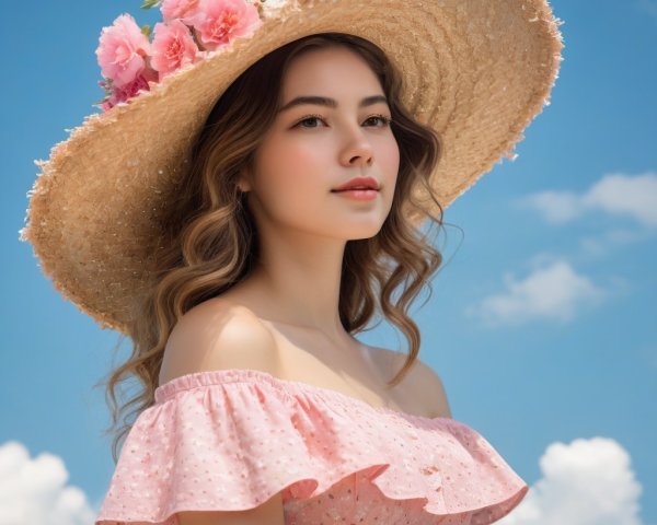 Young woman in pink dress with straw hat outdoors