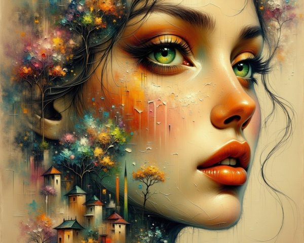 Close-Up of a Woman's Face in a Vibrant Landscape