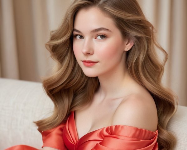 Young woman in coral dress on white couch