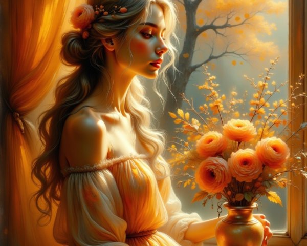 Serene Woman with Silver Hair and Orange Flowers