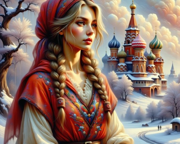 Young Woman in Traditional Red Outfit by Russian Cathedral