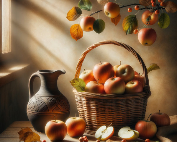 Rustic Still Life with Apples and Clay Pitcher