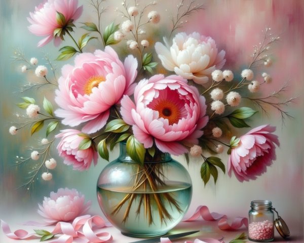 Pink Peony Bouquet in Glass Vase with Greenery