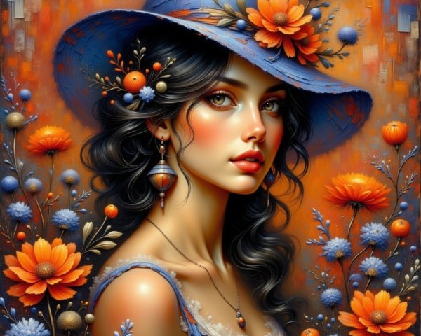 Young Woman in Blue Hat Surrounded by Colorful Flowers