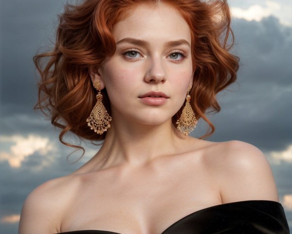 Young woman in elegant gown against stormy sky