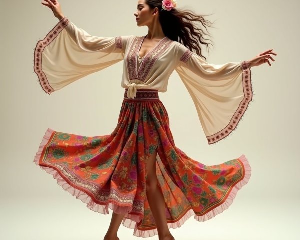 Elegant Woman in Floral Dress with Billowing Sleeves