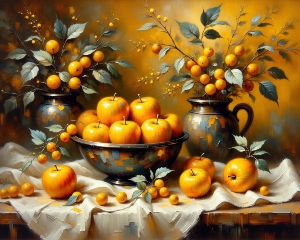 Vibrant Still Life with Golden Apples and Citrus Fruits