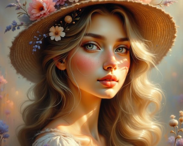 Young woman in straw hat among pastel flowers