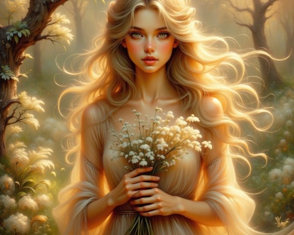 Young Woman in Sunlit Forest with Wildflowers