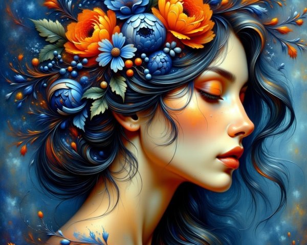 Illustrated Portrait of a Woman with Floral Crown