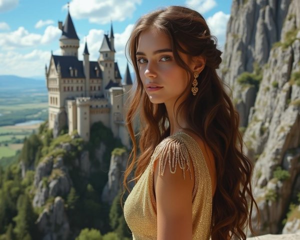Woman in Golden Dress by Fairytale Castle Landscape