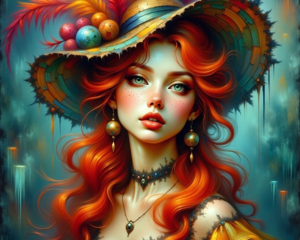 Vibrant Red-Haired Woman in Elaborate Hat and Attire