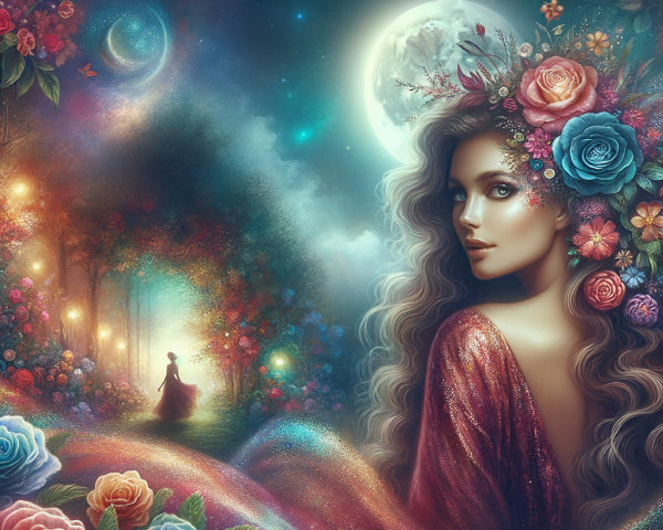 Ethereal Scene of Woman with Flowers and Moonlight