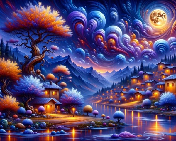Vibrant Fantasy Landscape with Serene Lake and Night Sky