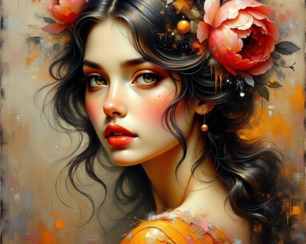 Portrait of a Young Woman with Flowers and Warm Colors
