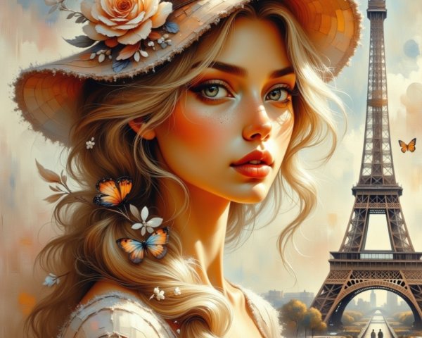 Young woman with blonde hair near Eiffel Tower and butterflies