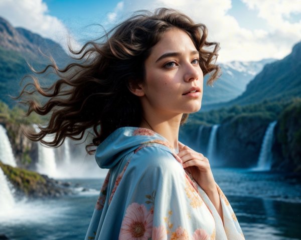 Young woman by serene water with waterfalls and hills