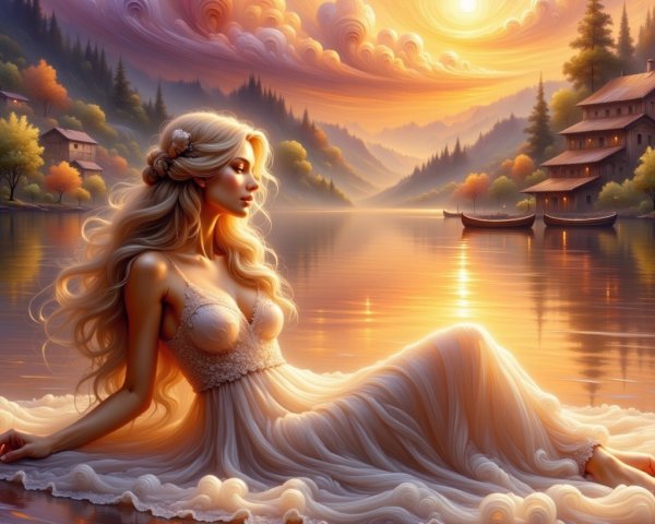 Serene Sunset Landscape with Woman by Tranquil Lake