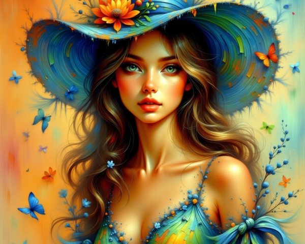 Young woman in blue hat with floral dress and butterflies