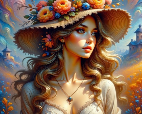 Young woman in floral crown amid picturesque landscape