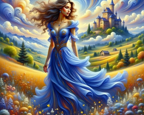 Woman in Blue Gown Walking Through Colorful Meadow