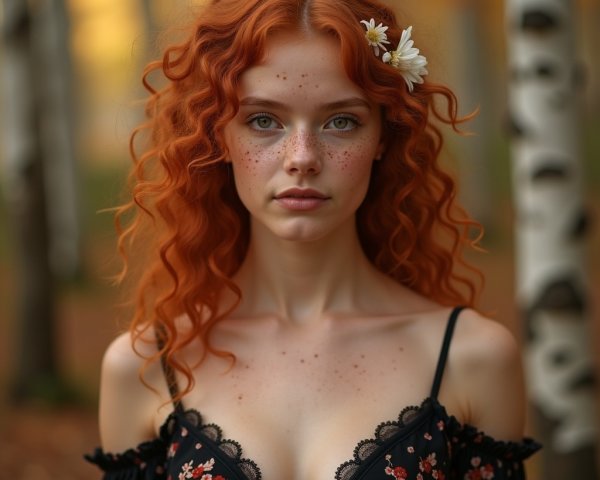 Young Woman with Red Hair in Autumn Forest Setting