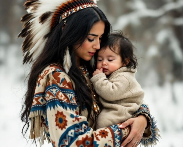 Woman in traditional garment holds infant in winter scene