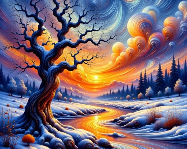 Surreal Landscape with Twisted Tree and Vibrant Sunset