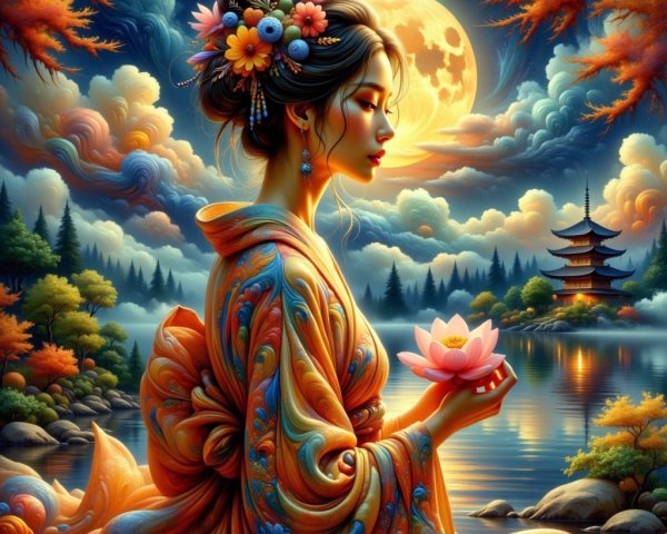 Woman in Kimono with Lotus by Moonlit Lake