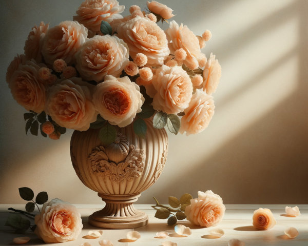 Elegant Peach Roses in Ornate Vase with Petals