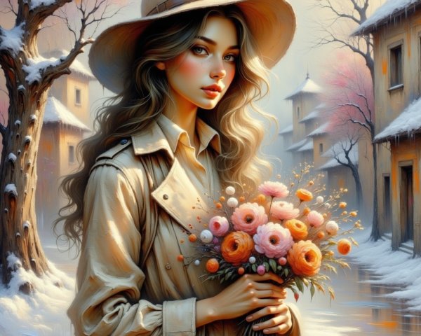 Young Woman in Winter Landscape with Flowers and Snow