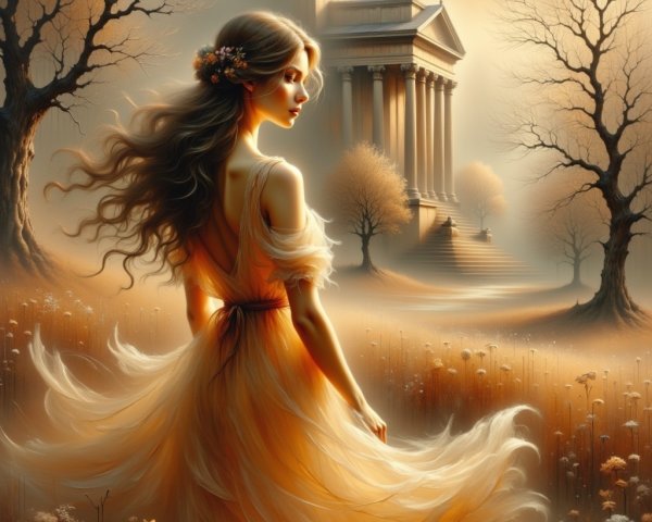 Serene Figure in Golden Gown in Dreamy Landscape