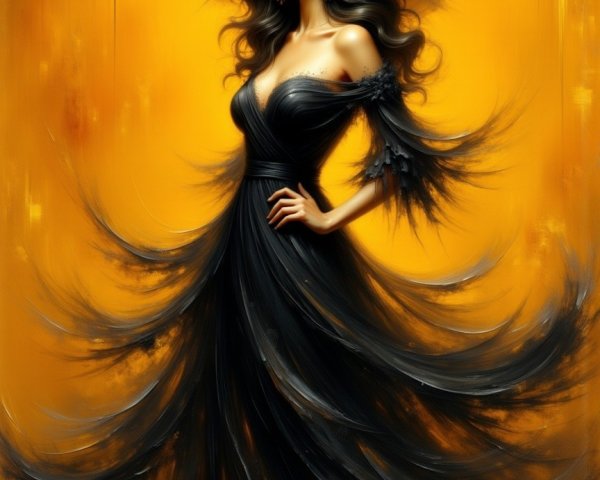 Woman in Black Gown Against Vibrant Orange Background