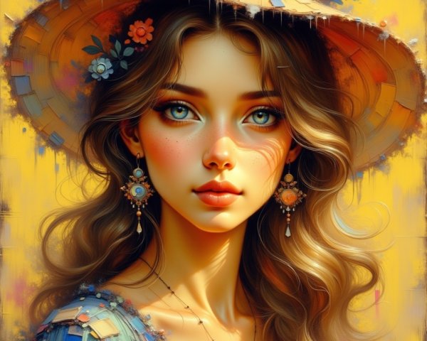 Young woman with blue eyes in a straw hat portrait