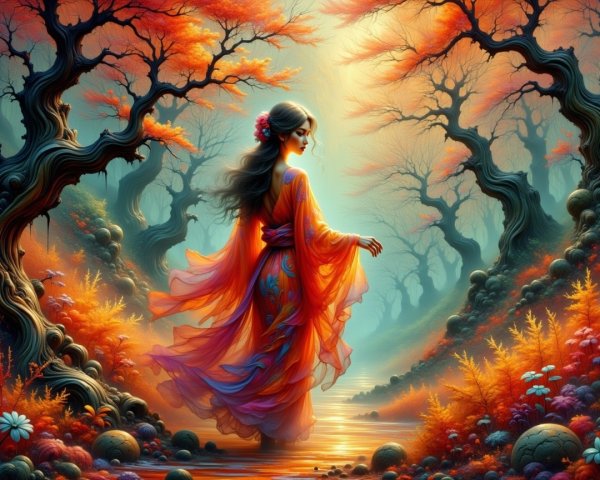 Serene figure in orange kimono in enchanted forest