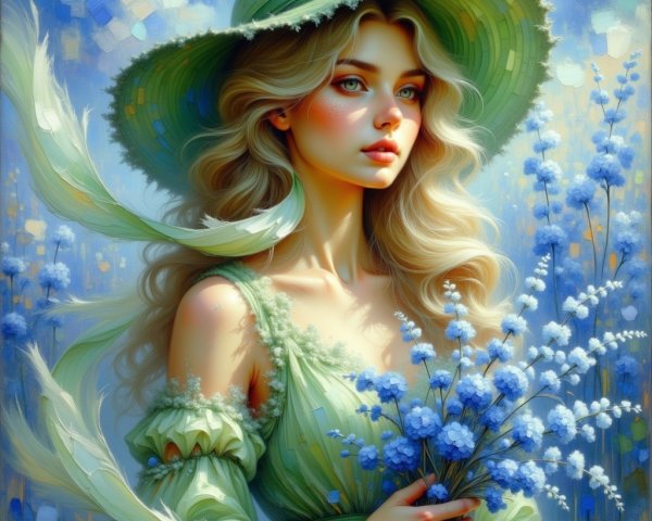 Young woman in green hat with blue flowers in serene setting